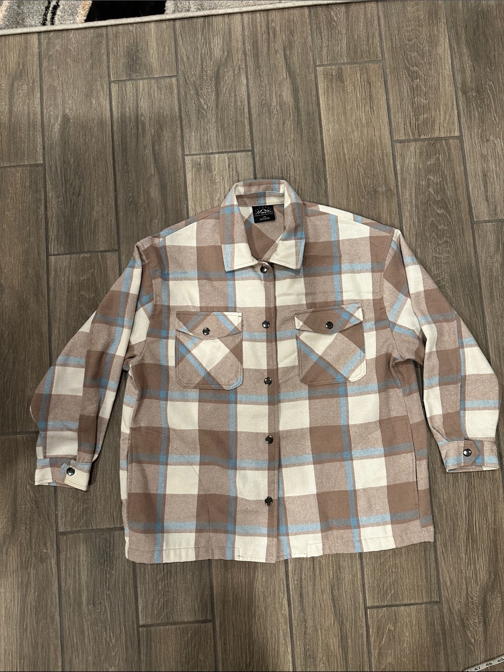 Women’s Brown Plaid Button-Down Shirt Jacket with Light Blue Accents